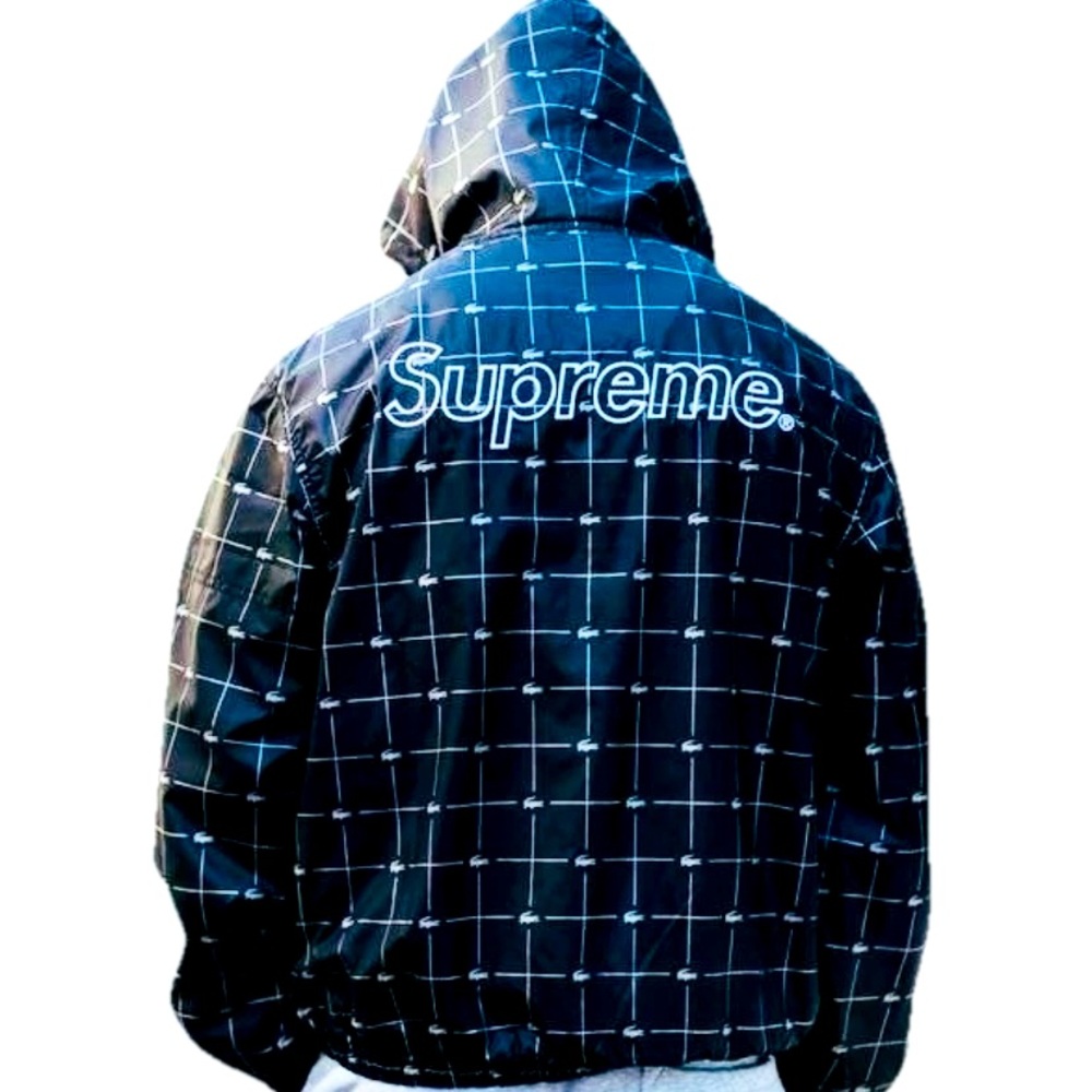 Supreme x Lacoste Reflective Grid Nylon Anorak Windbreaker SS18 Black SZ XL